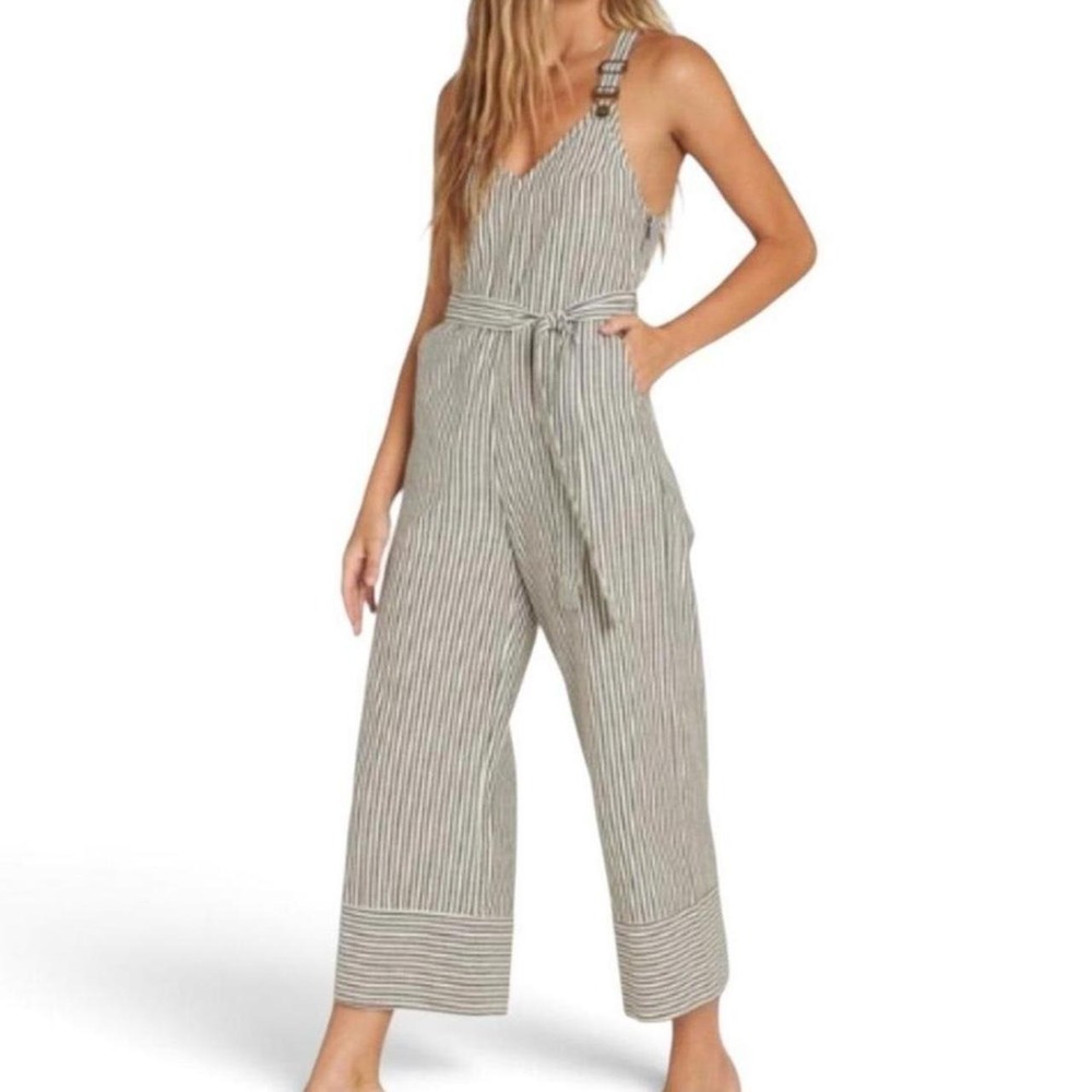 Coastal Striped Wide Leg Jumpsuit Overall Tie Waist Billabong Bella Day M